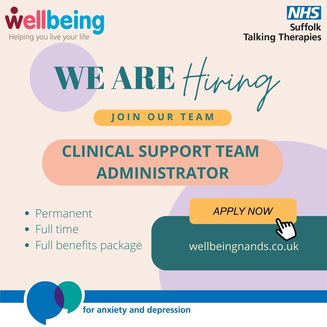 Don't forget to apply! We are looking for an extremely professional, conscientious, calm and confident individual to join our wonderful Administration Team! If this sounds like you, find out more and apply now: wellbeingnands.co.uk/suffolk/clinic… Closing date: 21/04/2024 #SuffolkJobs