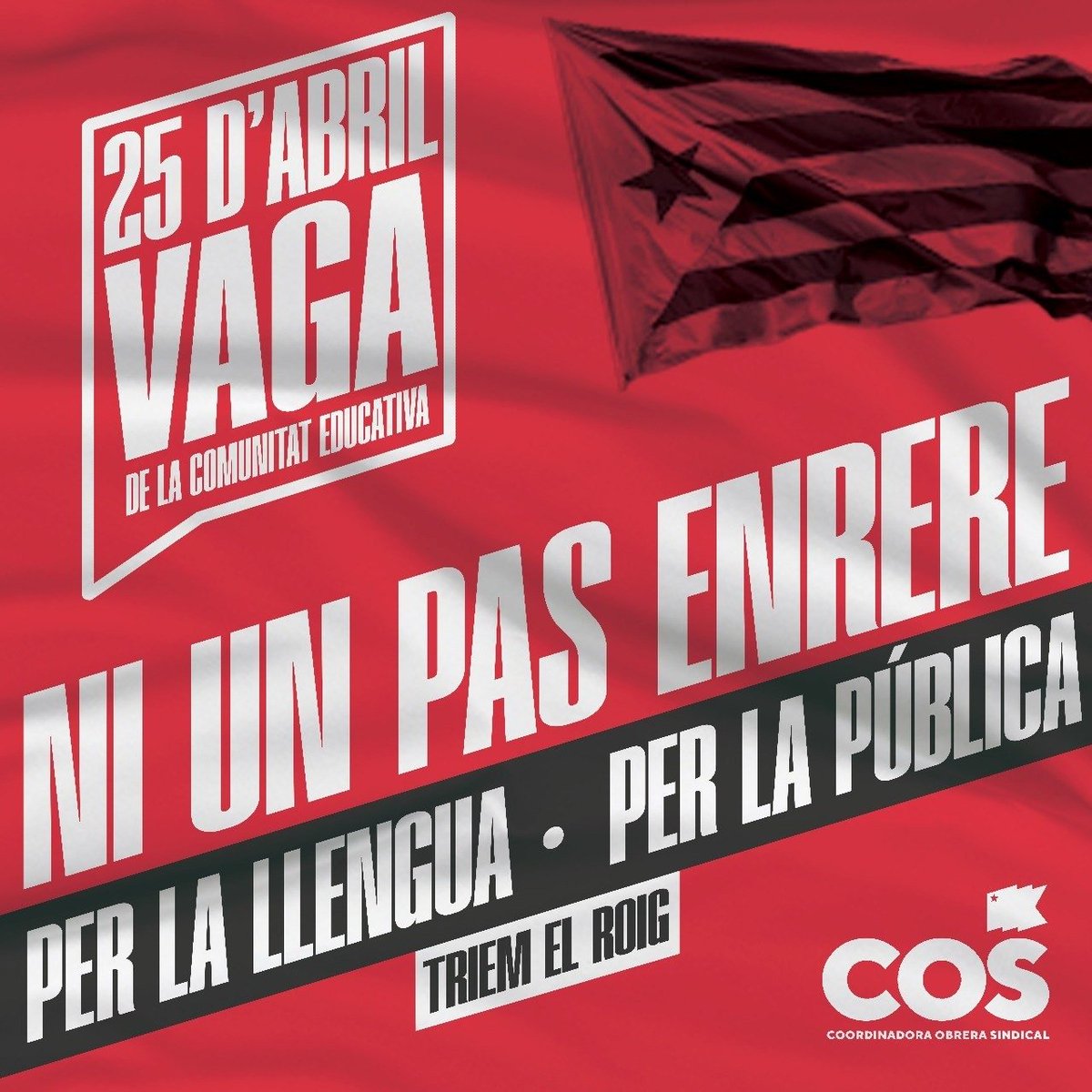 🔴LA COS CONVOCA VAGA EDUCATIVA A TOT EL PAÍS VALENCIÀ El 25 D'ABRIL

📚 Contra el desmantellament de la pública, VAGA!

✊🏽 Contra la retallada dels drets lingüístics, VAGA!

👅 LA LLENGUA NO ÉS TOCA

🔥 A EDUCACIÓ TRIEM EL ROIG 🚩

#triemelroig #escolaencatalà #prouretallades