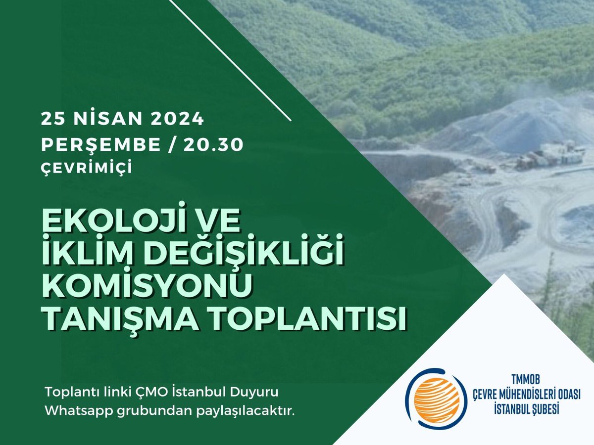 📣 Komisyon toplantılarımız başlıyor! 🔔Ekoloji ve İklim Değişikliği Komisyonumuzun tanışma toplantısını zoom üzerinden çevrimiçi gerçekleştireceğiz💻 🗓️25 Nisan 2024, Perşembe 🕣20.30 ❕Toplantı linki ÇMO İstanbul Duyuru whatsapp grubundan iletilecektir.