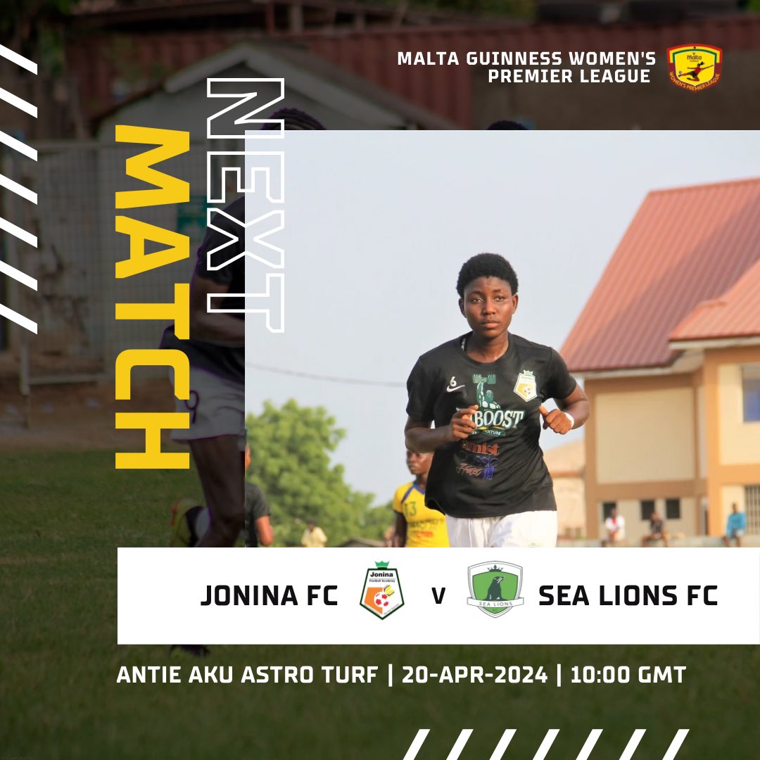 NEXT TASK
👕Jonina FC vs Sea Lions FC 
🏆 Malta Guinness WPL 
🗓️ 20-04-2024
⏰ 10:00 GMT
🏟️ Antie Aku Astro Turf

Kindly come out in your numbers to cheer us to victory 🙌🏾
#WeAreSpecial #JFA
