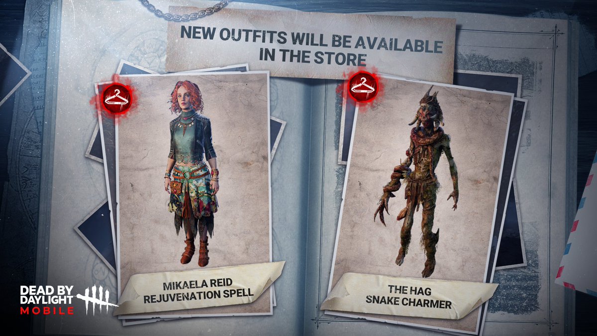 2 Outfits for Mikaela Reid and The Hag are now available in the in-game store. Get these Outfits in a pack with 30% off from the in-game store! Mikaela Reid - Rejuvenation Spell The Hag - Snake Charmer #DeadbyDaylightMobile