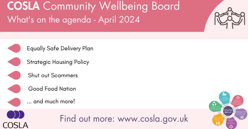 COSLA's Community Wellbeing Policy Board will meet later this morning, with Spokesperson Councillor Maureen Chalmers (@CllrChalmersSNP) Chairing. A number of important and topical items on the agenda, which can be read here: bit.ly/4aZ8VJR