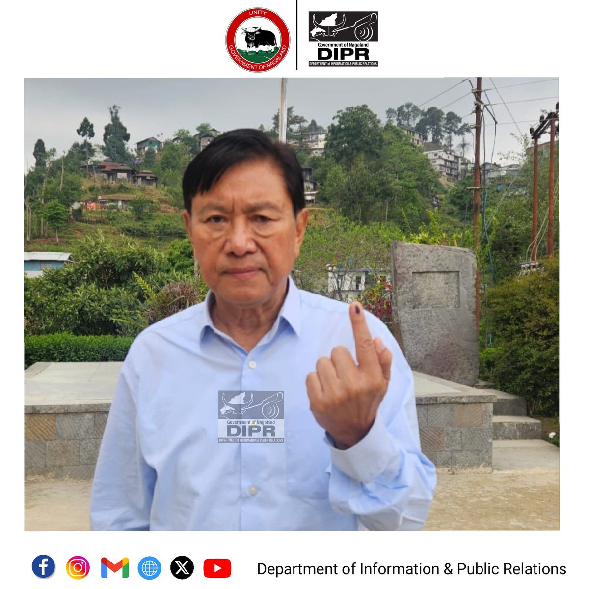 Advisor for Food and Civil Supplies, K.T Sukhalu, (IAS Rtd.) pose after casting his vote at Zunheboto on 19th April 2024.