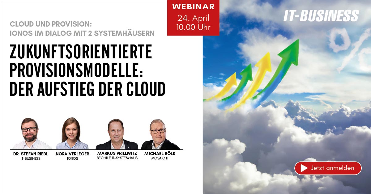 Channel Webinar | 24.04.2024 | 10:00 - 11:00 Uhr Cloud und Provision: @ionos_hilft im Dialog mit 2 Systemhäusern Zukunftsorientierte Provisionsmodelle: Der Aufstieg der Cloud 📍 Jetzt kostenlos anmelden: it-business.de/zukunftsorient… (Gesponsert) #cloudsolutions #MSP #itbusinessde