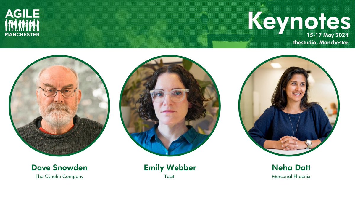 agilemanc's tweet image. Meet our full keynote line-up for #AgileManc!
🍃 @snowded - Rewilding Agile
🧠 @ewebber - Team memory, sharing and serendipity in hybrid workplaces
👁️ @oliphantism - Value is in the eye of the beholder
Join us next month on the 15-17 May: agilemanchester.net/tickets