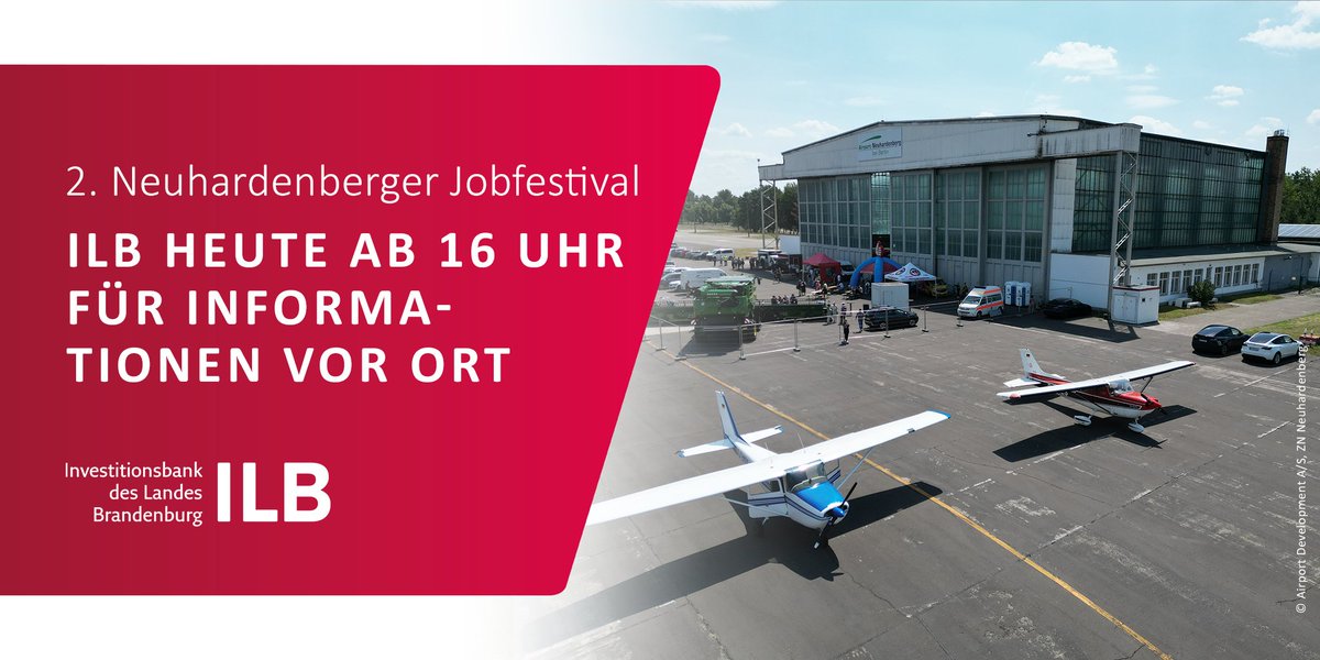 Fachkräftegewinnung im Hangar: Das ist morgen ab 10 Uhr das Motto des 2. Neuhardenberger Jobfestivals. 🤝 Schon heute Abend ist #ILB-Förderberaterin Cornelia Malinowski vor Ort, um Unternehmer*innen im Hinblick auf Förderung zu beraten. ℹ️ ➡️ ilb.de/wir-beraten #wirfördern