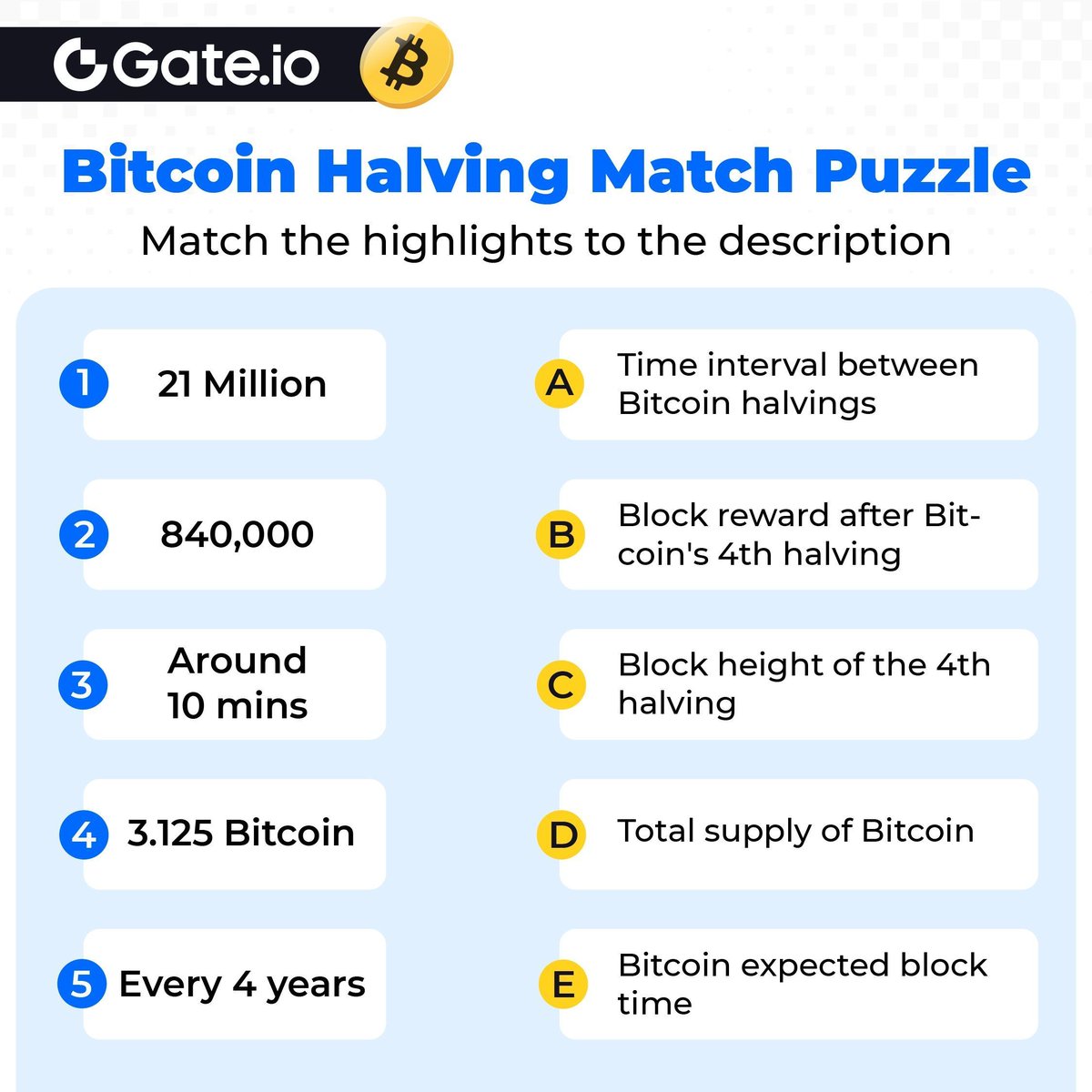 #GateioCryptoChallenge - Bitcoin Halving Match Puzzle

🎁10 puzzle solvers win $10 each

To enter:
1️⃣ Follow @gate_io
2️⃣ RT + Like + Tag 3 friends
3️⃣ Comment on your answer below

⏰End at 16:00 PM, Apr 21 (UTC)
#BitcoinHalving