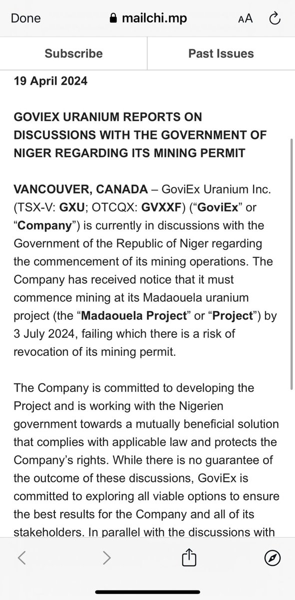 GoviEx $GXU released a statement saying that they need to start mining at the Madaouela project as soon as possible.

Are they trying to put some pressure on to get funding from banks?

At the current market cap, GoviEx can hardly raise money via dilution.

#uranium