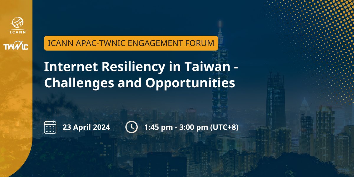 Learn about Taiwan's Internet resiliency with our panel of experts. Discover challenges, exisiting initiatives, and potential opportunities for improvement. Register at go.icann.org/3xrwhJH #ICANN #TWNIC