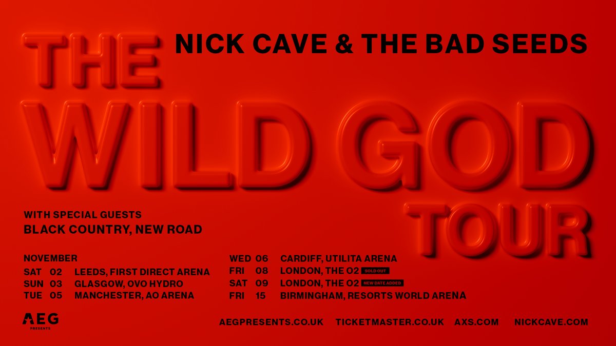 #AXSONSALE 🎶✨ Exciting news! @nickcave & The Bad Seeds are adding an EXTRA DATE to their Wild God tour at @TheO2 on Saturday 9th November! 🌟

⏰ Tickets are on sale at 10am
🎫 w.axs.com/orYT50QU10Y