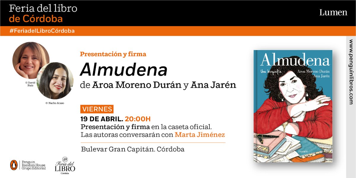 Os recordamos que hoy estamos en la Feria del Libro de #Córdoba. 📖 @AroaMD y @anajaren_art conversarán con Marta Jiménez sobre «Almudena. Una biografía» ✍️ Firmarán ejemplares a los asistentes. 📍 Bulevar Gran Capitán @FdLCordoba
