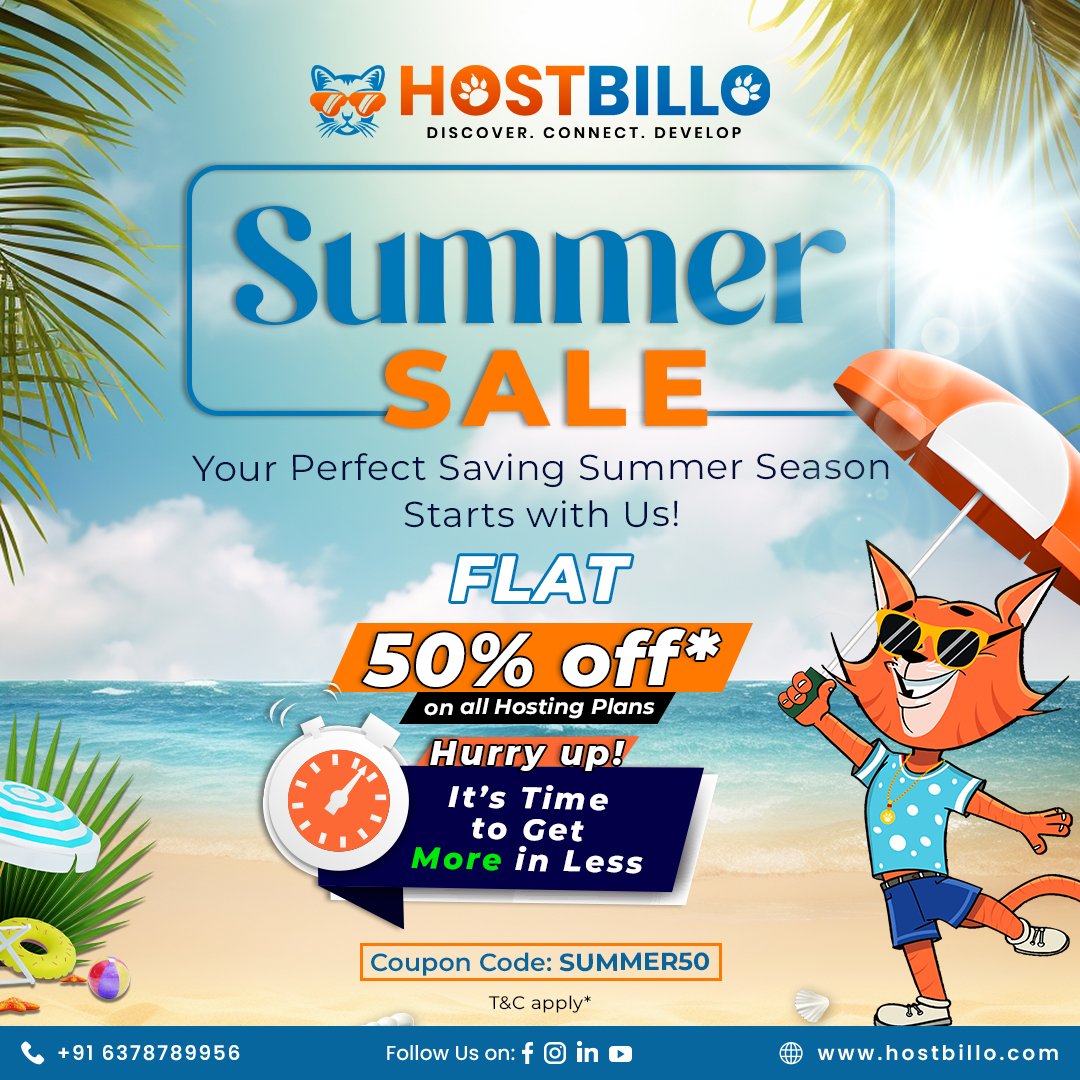 𝐒𝐮𝐦𝐦𝐞𝐫 𝐒𝐢𝐳𝐳𝐥𝐞𝐫 𝐒𝐚𝐥𝐞

Get a flat 50% discount on ALL our hosting plans this summer. 
*T&C apply

#Hosting #webhosting #hostbillo #WebsiteHosting #hostingprovider #summer #SummerSale #summersale2024  #HostingDeals #Business #SummerPromo #hosting #summereseason