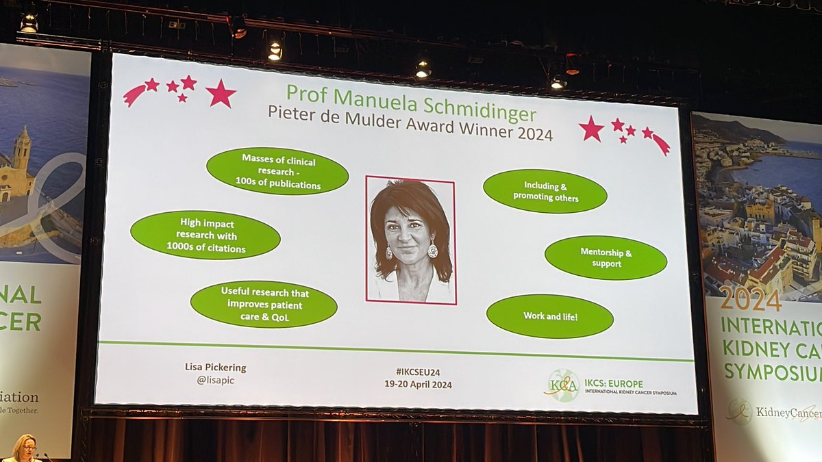 @lisapic announcing the @KidneyCancer Pieter De Mulder Award Winner 2024 to Manuela Schmidinger. What a champion and inspiration for all patients and colleagues! @kcCURE @MichaelStaehler @BradLeibovichMD @GEVaughan1 @DrYukselUrun @PavlosMsaouel @TiansterZhang