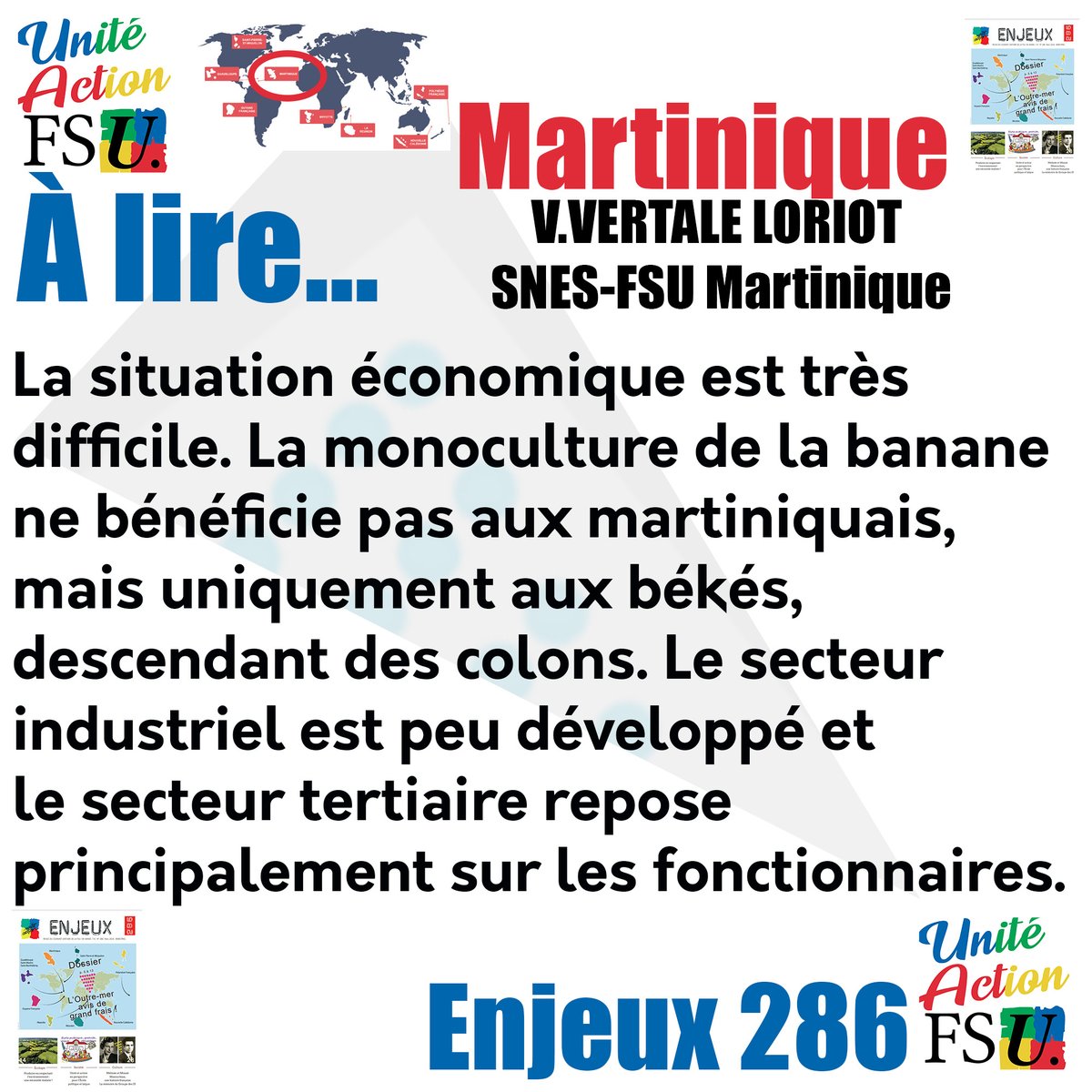 'La situation économique en #Martinique est très difficile. La monoculture de la #banane ne bénéficie pas aux martiniquais, mais uniquement aux békés, descendant des colons.' @ValerieVertale @snesmartinique 
Retrouvez la revue 'Enjeux' et abonnez-vous !
unite-action.fr/sabonner-a-enj…