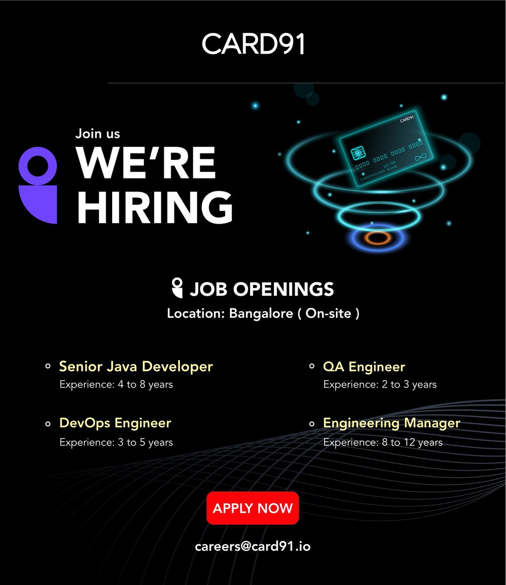 We're on the lookout for our next tech extraordinaire to join our team. Could it be you? 🚀

CARD91 is seeking trailblazers in:
👉 Senior Java Developer
👉🏼 DevOps Engineer
👉🏼 QA Engineer
👉🏼 Engineering Manager

To apply, 📩 us at: careers@card91.io

#CARD91 #FinTech #TechHiring