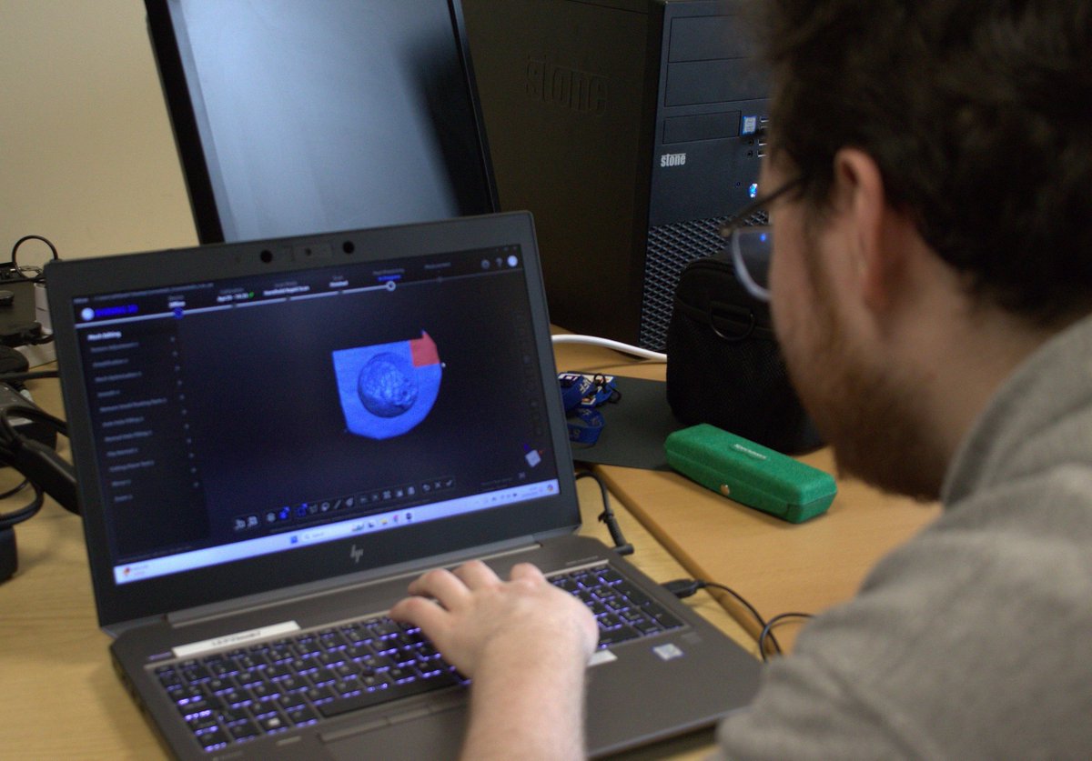 HistArchChester's tweet photo. For #FindsFriday our offering is a work in progress. As part of a work placement for the MA Archaeology and Heritage Practice @uochester, Owen is working on digital models of Civil War objects - like this cannonball on loan from @Big_Heritage. Next step is adding texture! https://t.co/aup3c5D2lx