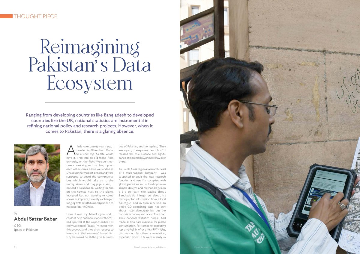 For the latest #UNDPinPakistan DAP on ‘Data for Development’, CEO @Ipsos @asbabar explores the importance of data availability for evidence-based policymaking, market efficiency, and regional competitiveness in 🇵🇰 Read it here: bit.ly/442pVge