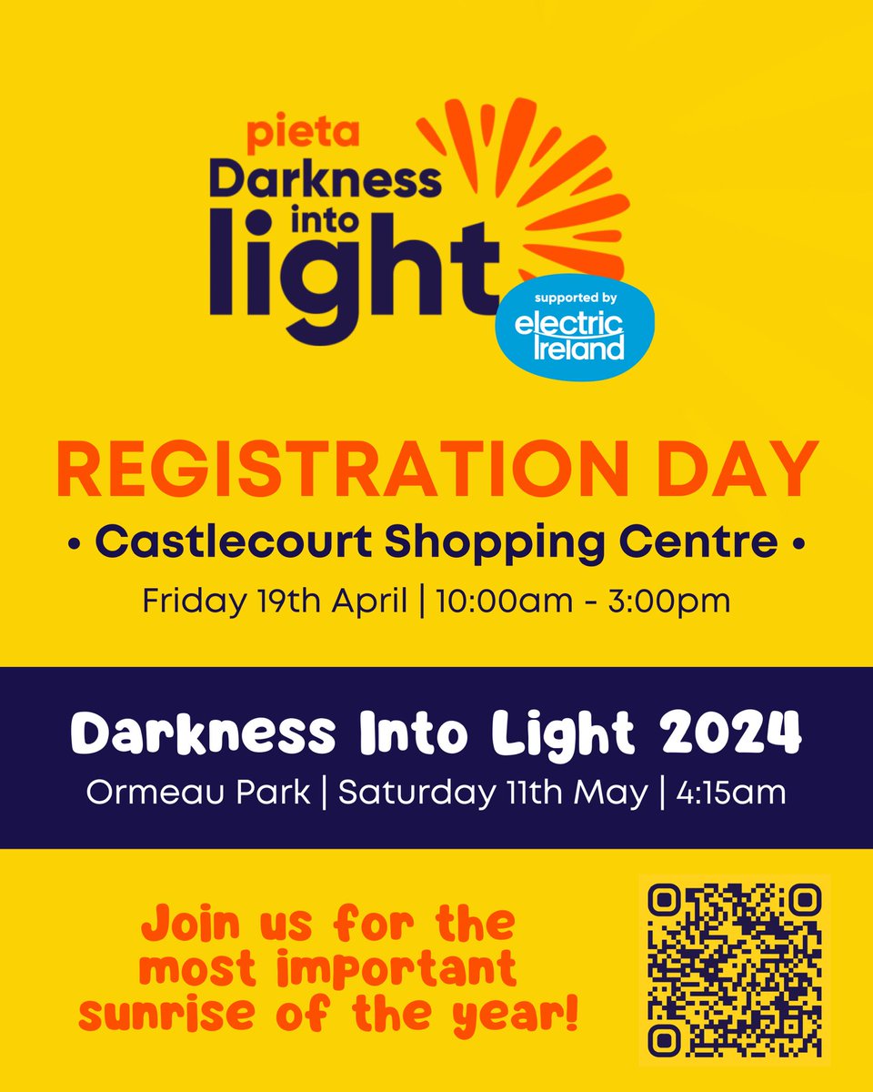 Join us today at @CastleCourt (Royal Ave entrance) 10:00am - 3:00pm to register for this years @DILOrmeauPark!🤩🌅 Can’t make it? We’ve got you covered! Register here: darknessintolight.ie/register/ticke… #DarknessIntoLight #Hope #Community #OrmeauPark #SpreadPositivity