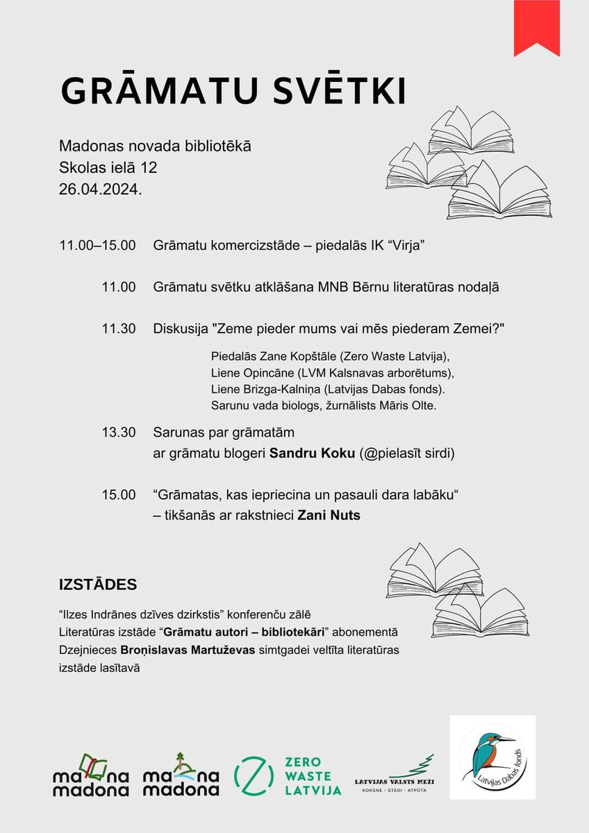 26.aprīlī aicinām uz Grāmatu svētkiem Madonas novada bibliotēkā!

11.00 Grāmatu svētku atklāšana
11.30 Diskusija “Zeme pieder mums vai mēs piederam Zemei?”
13.30 Sarunas par grāmatām  ar grāmatu blogeri Sandru Koku (pielasit_sirdi)
15.00 Tikšanās ar rakstnieci Zani Nuts