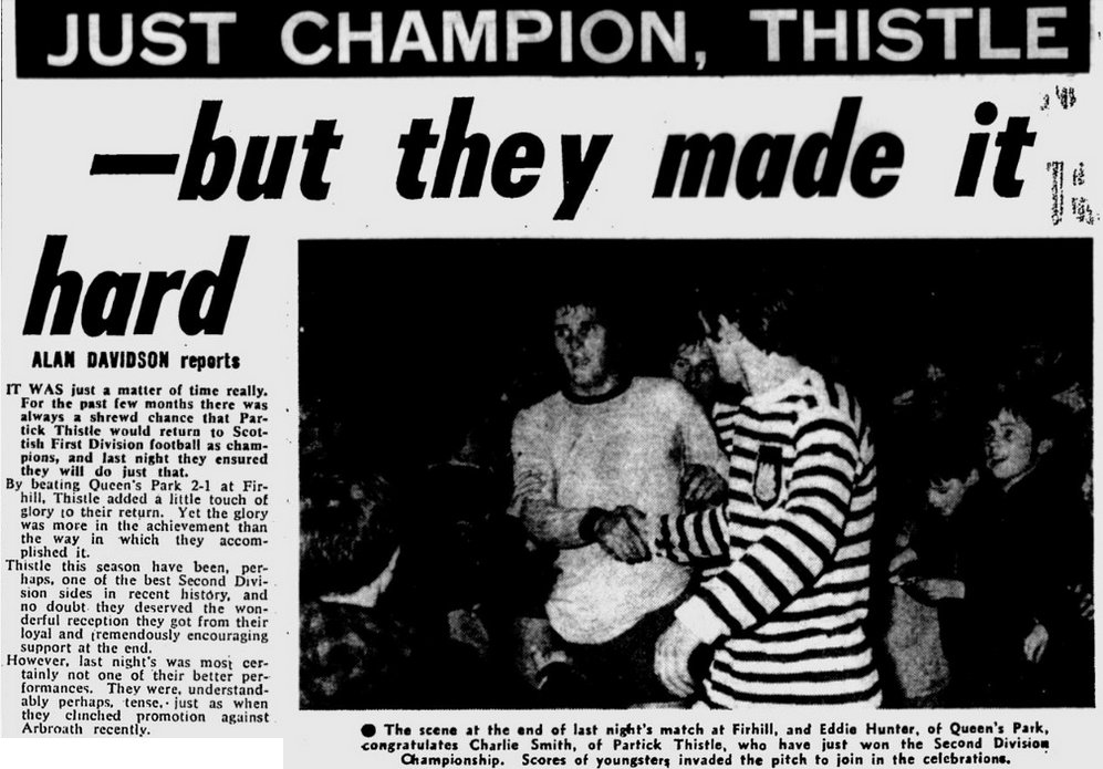 #OTD 1971, Monday night joy at Firhill as Partick Thistle are crowned Second Division champions, and 35-year-old Davie McParland becomes the first Thistle manager to win a league title. Party DJ and pitch invasion! Full match hub now in place... 👉 thethistlearchive.net/match-1971-04-…