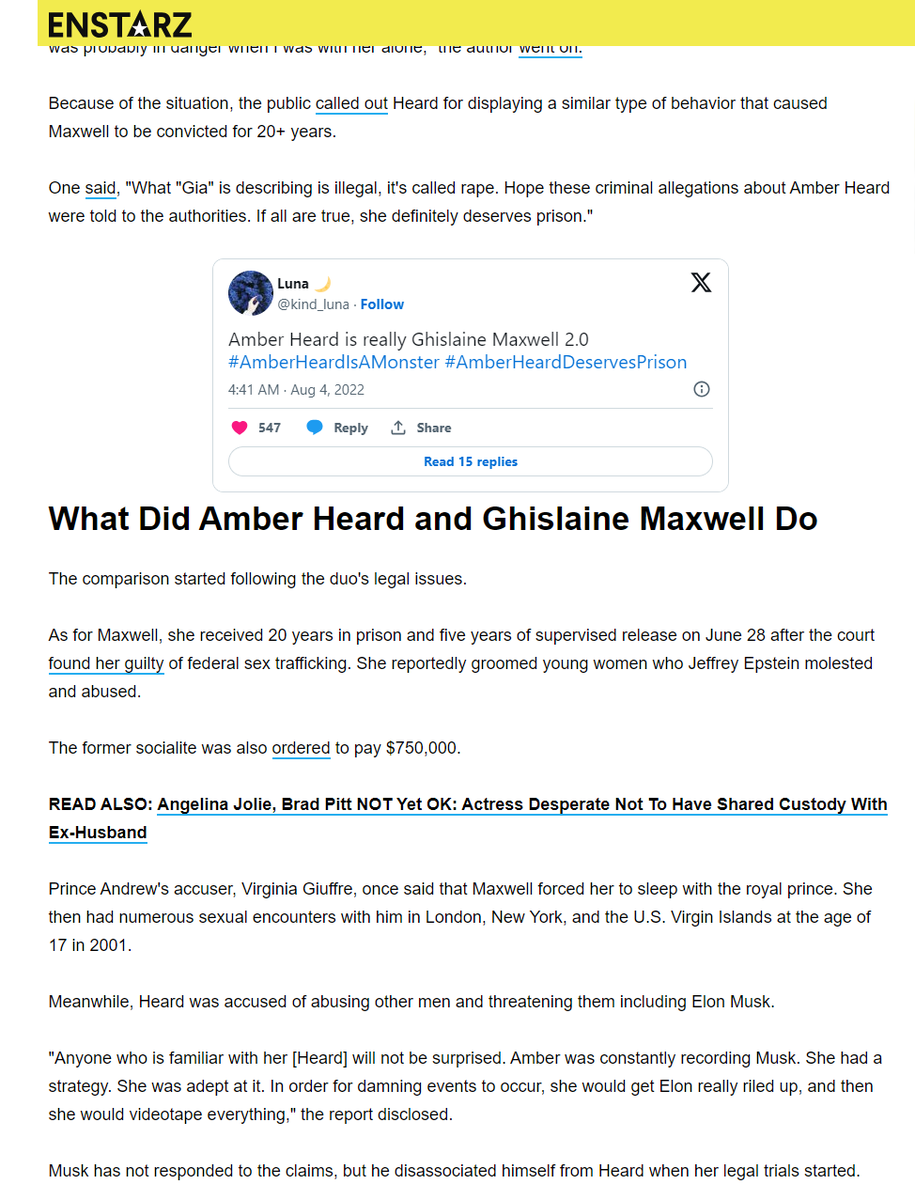 worth to read 'Is Amber Heard 'Ghislaine Maxwell 2.0'? Actress Receives Scathing Comments After Bizarre Parties Revelation ' #AmberHeardIsToxic  enstarz.com/articles/22925…