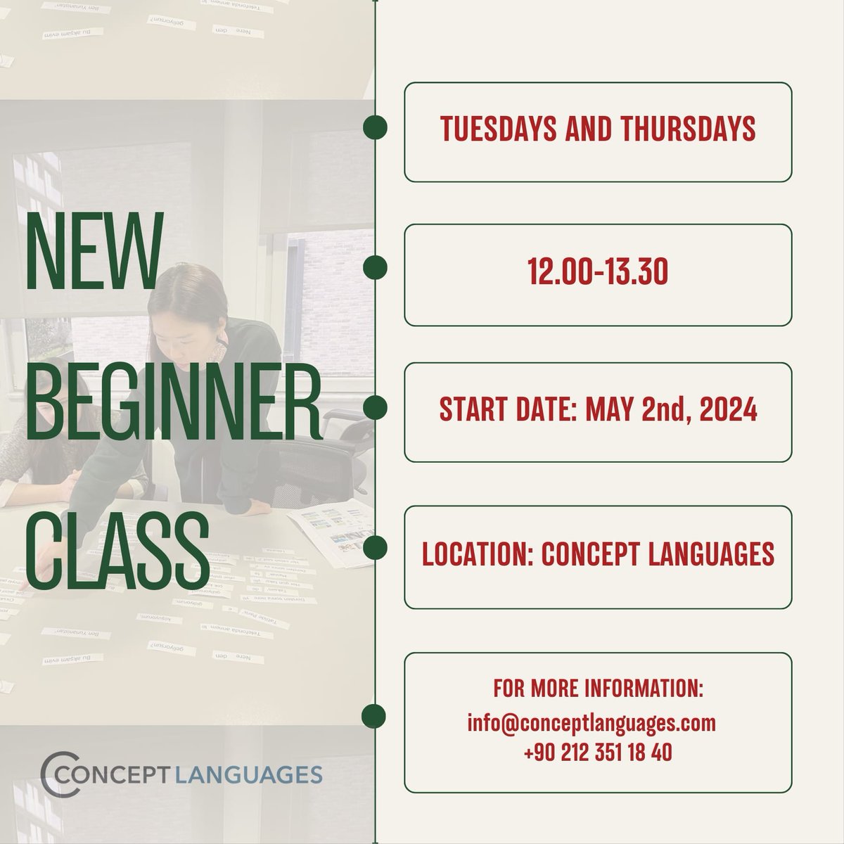 📕🎯NEW BEGINNER CLASS🎯📕

.
info@conceptlanguages.com

.

#conceptlanguages #learninglanguages #learningturkish #onlineturkish #teachingturkishforforeigners #takeawayturkish #onlinelessons #learnwithus #türkçeöğreniyorum #Türkçe