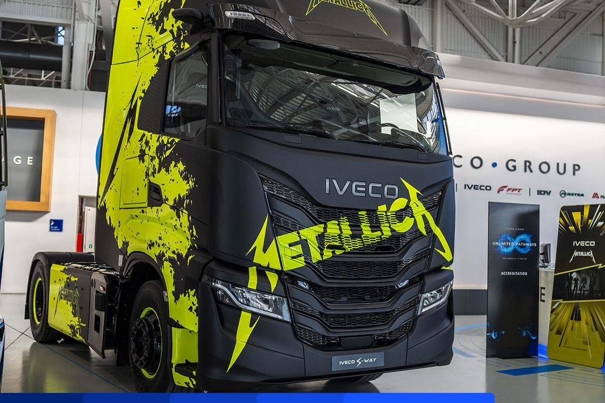 Metallica are on the road again with IVECO S-Way! 🚀 Customized by a talented artist, this truck is gearing up to hit the European leg of #Metallica's M72 World Tour ⚡. #IVECOItsElectric . #IVECO #Metallica #businessproductivity