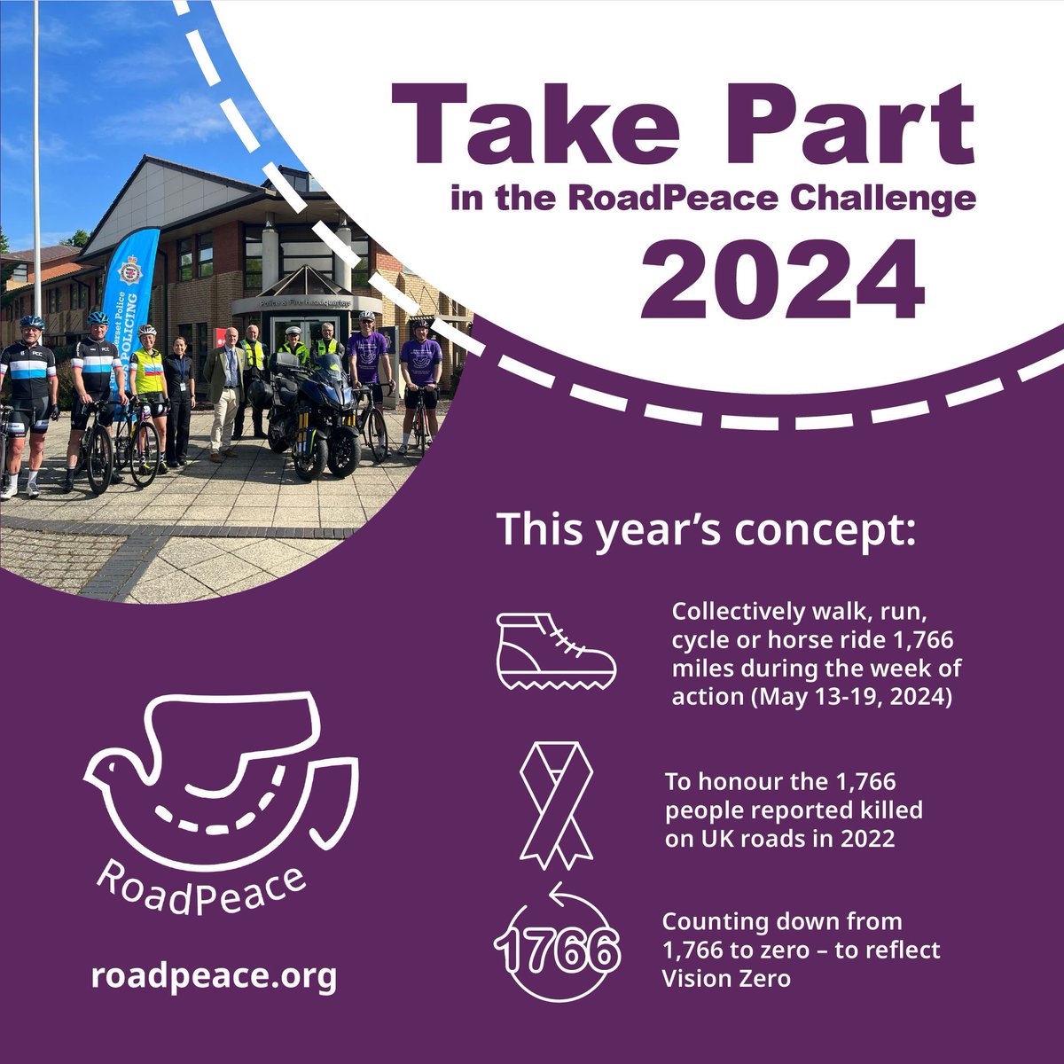 Supporters of the #RoadPeaceChallenge2024 will be #walking, #running, #cycling and #horseriding 1766 miles to honour the 1766 people reported killed on UK roads in 2022. Anybody can take part. No distance too short. Sign up here 👉buff.ly/3Q9xnAf #1766MilesTogether