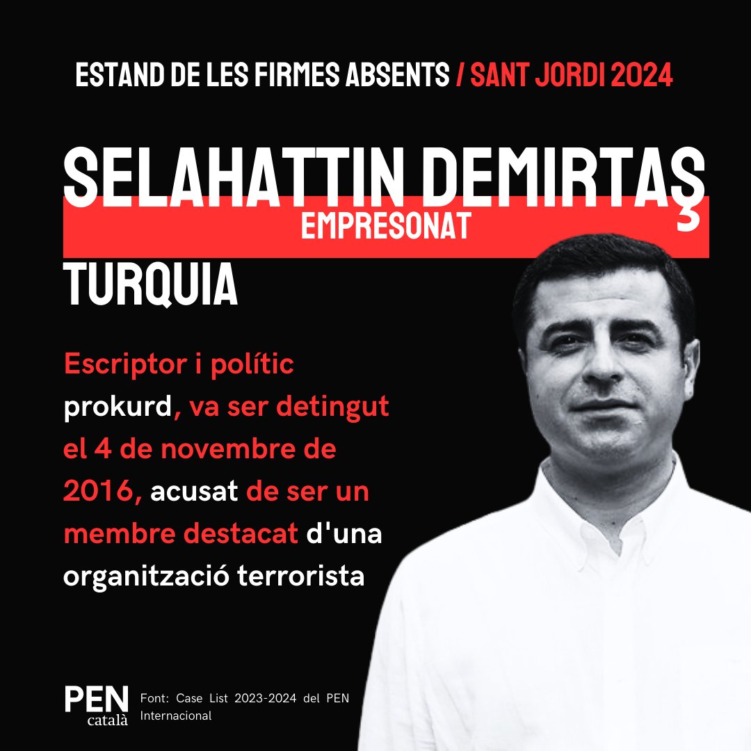 Selahattin Demirtaş no firmarà aquest Sant Jordi perquè està empresonat des del 2016. Ara, s'enfronta una condemna de per vida sense possibilitat de llibertat condicional. #SantJordi2024 Firma tu per ell: pencatala.cat/noticia/estand…