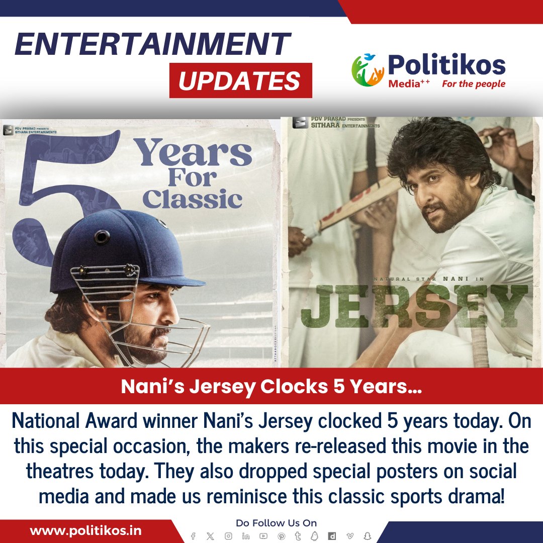 Nani’s Jersey Clocks 5 Years…
#politikos
#politikosentertainment
#Nani
#Jersey
#5Years
#Anniversary
#FilmAnniversary
#EntertainmentNews
#Tollywood
#MovieAnniversary
#CinemaCelebration
#NaniFilm
#JerseyFilm
#CinemaMilestone