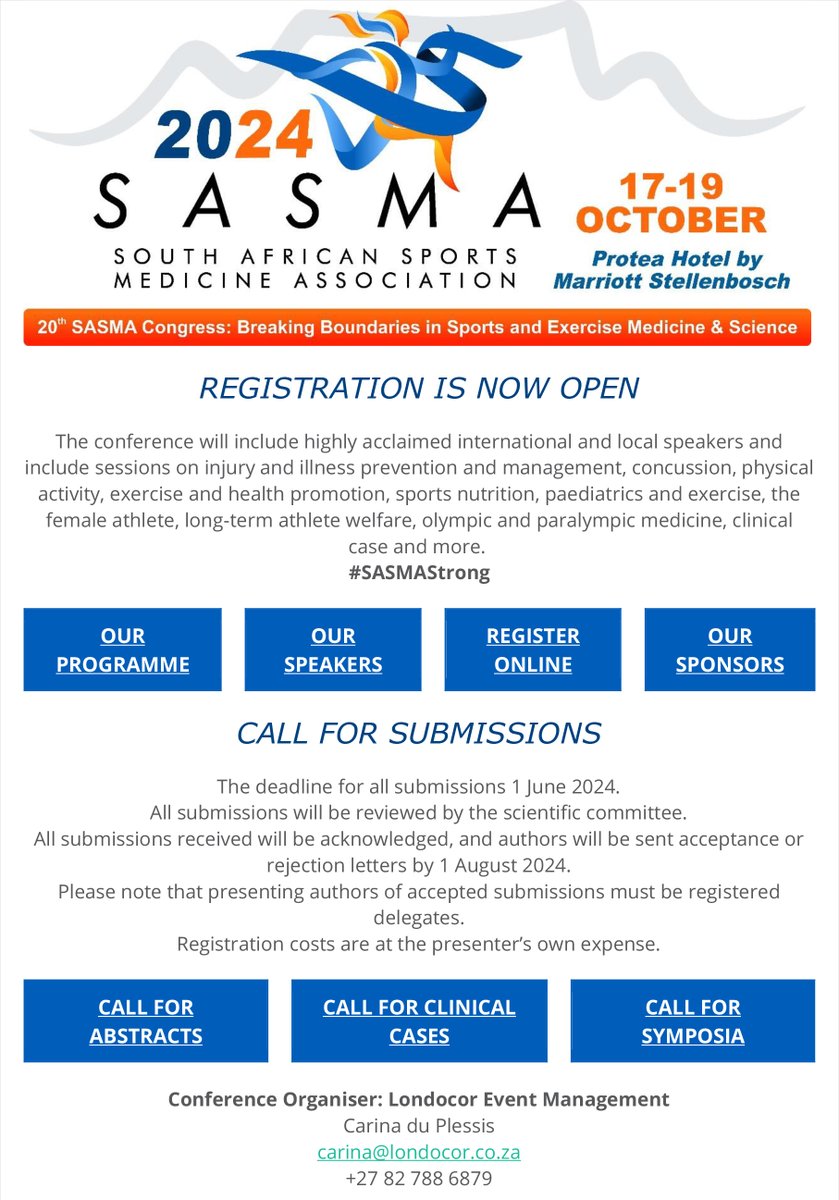SASMA_ZA's tweet photo. Don't miss out! Register now for a conference boasting esteemed speakers and diverse sessions on injury prevention, sports medicine, nutrition, and athlete well-being. #SASMAStrong
Register Here: https://t.co/ZfYbr3vrFd https://t.co/ACu5RqCJ33