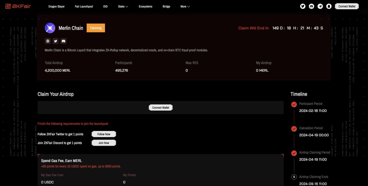 💰Users participating in the ZKFair - Merlin Launchpool can now start claiming the $MERL tokens. Claiming channel: zkfair.io/fairlaunch-mer… Token contract address: 0x5c46bFF4B38dc1EAE09C5BAc65872a1D8bc87378