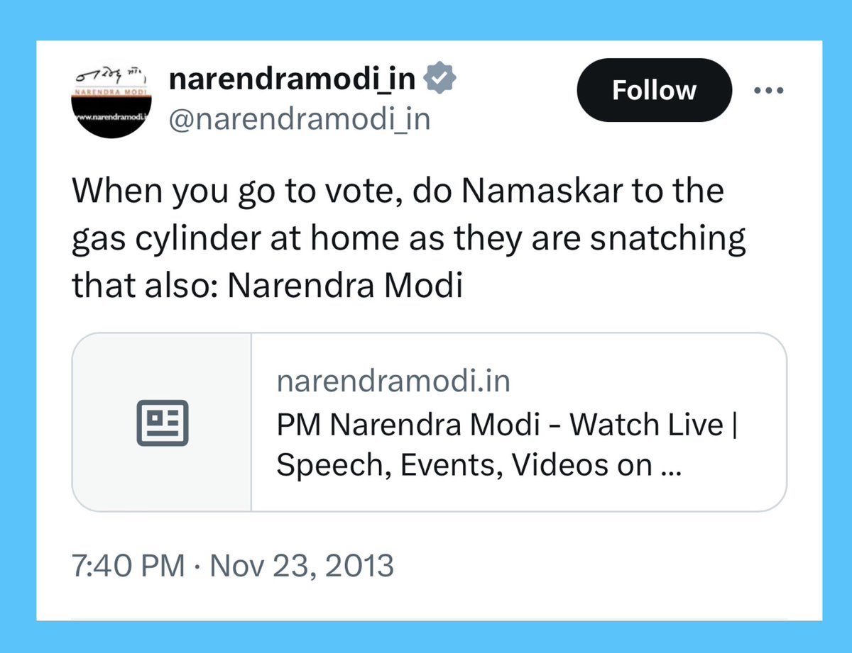 @rishibagree Before you go to vote, do Namaskar to the Gas Cylinder at home as the price was increased from ₹500 to ₹1000 by Modi/BJP