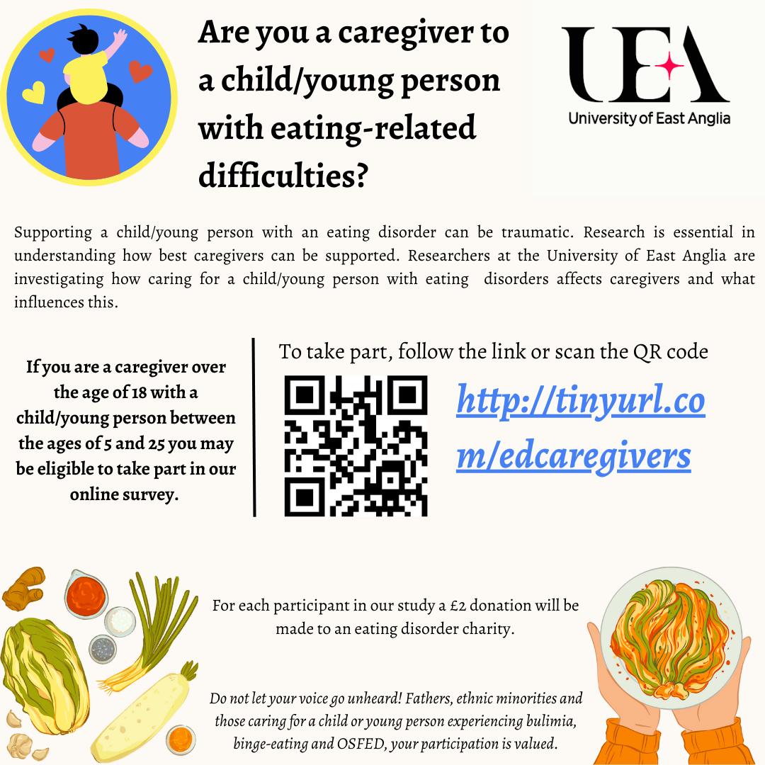 Can you help with this research on caregiving and eating disfficulties? If so, see the poster below. #eatingdisorders #carers #parents# children #anorexia #bulimia #bingeeating #arfid #research