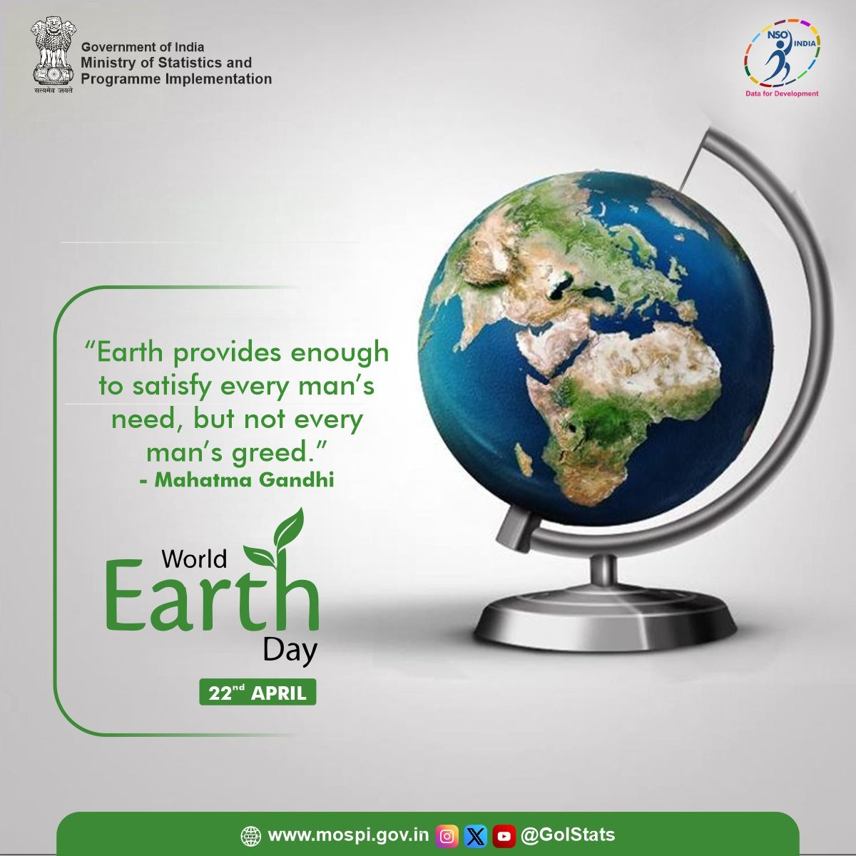 “Earth provides enough to satisfy every man’s need, but not every man’s greed.”- Mahatma Gandhi On this World Earth Day, we must take pledge to safeguard our planet so that future generations can appreciate its value and understand the importance of its preservation