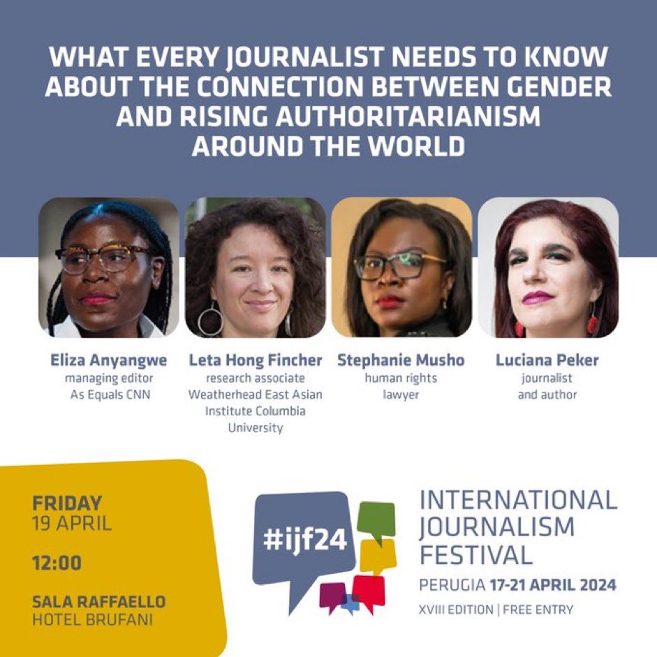 Eliza Anyangwe (elizatalks.bsky.social) (@elizatalks) on Twitter photo Day 2 at #ijf24 & excited for my upcoming conversation with 3 powerhouse women: <a href="/lucianapeker/">Luciana Peker</a> <a href="/LetaHong/">Dr. Leta Hong Fincher 洪理达</a> & @Steffmusho
Join us at 12p as we unpick the ways authoritarian or far-right politicians are using fear of “gender” to build power
Watch online here journalismfestival.com/programme/2024… Day 2 at #ijf24 & excited for my upcoming conversation with 3 powerhouse women: <a href="/lucianapeker/">Luciana Peker</a> <a href="/LetaHong/">Dr. Leta Hong Fincher 洪理达</a> & @Steffmusho
Join us at 12p as we unpick the ways authoritarian or far-right politicians are using fear of “gender” to build power
Watch online here journalismfestival.com/programme/2024…