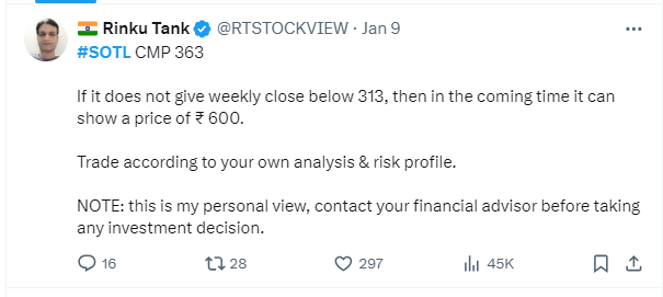 #SOTL update 

my expectation target almost touched.😃

today high 596 till now 

65% up 

#stockmarkets #stocks #StockMarketindia #stockstowatch #StocksInFocus #StocksToBuy #StockMarket #BREAKOUTSTOCKS #SENSEX #Multibagger #StockMarketNews #sharemarket #sharemarketindia