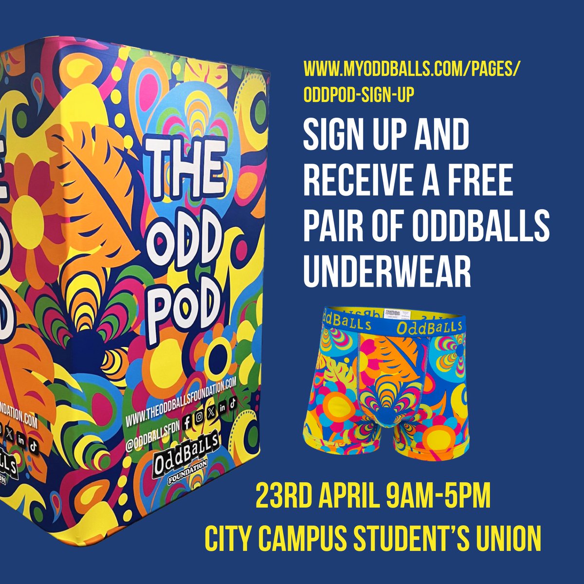 The OddPod…coming to a university near you! 👀 We are bringing you ALL the information you need to correctly ‘CHECK YOURSELF’ for signs of Testicular Cancer. 💪 📍 Nottingham Trent Students’ Union, Students’ Union Building, NG1 4GH 🗓️ Tuesday 23rd April 2024 ⌚️ 9am - 5pm ⬇️