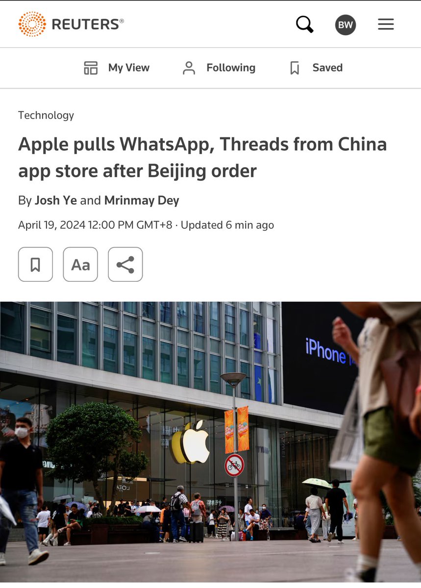 Apple has removed Meta Platforms’ WhatsApp and Threads from its App Store in China after being ordered to do so by the Cyberspace Administration of China. reuters.com/technology/app…