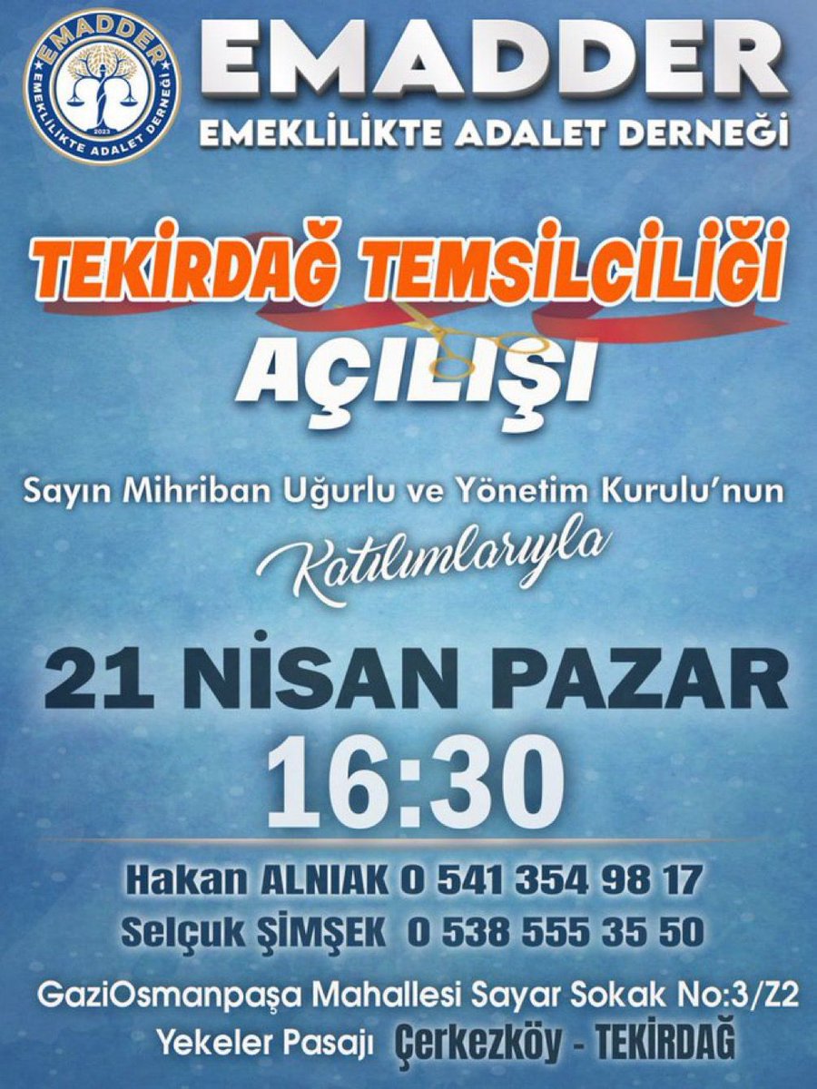 Tekirdağ Temsilcilik Açılışı Duyurusu 📢📢📢📢📢📢📢📢📢📢📢 21 Nisan Pazar 16.30’da Tekirdağ İl temsilciliğimizin Çerkezköy açılışına tüm mücadele arkadaşlarımız davetlidir. @EmadDernegi @RTErdogan @efkanala @mustafaelitas @mustafasenbd @fahrettinaltun @isikhanvedat