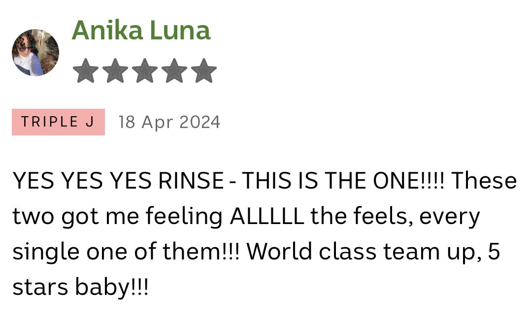 rinsebne's tweet photo. The reviews are in 💚 @triplejunearthd https://t.co/vMcTv9DBCF