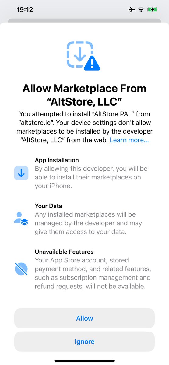 hbkirb's tweet photo. The whole marketplace flow is a disaster. While AltStore seems to have tons of problems itself (mostly due to a payment system that seems incredibly rushed - hey Riley, have your people call my people? 🔥), the majority of the problems are in Apple’s implementation.

App installation has no progress prompts. The app-marketplace:// URL scheme, used by websites to tell iOS to begin installing a marketplace app, displays zero progress. It only has the ability to display error messages, such as telling you you’re not eligible (not located in the EU), or that you need to go to Settings to allow the app to be installed. Naturally, there’s no button that takes you to Settings, nor any explanation of what you do when you’re there.

Once you’re in Settings, a followup button appears below your Apple ID name. Tapping Allow simply dismisses the prompt. There’s no indication of what happens next. The answer is - nothing happens. You need to go back to Safari and initiate the installation again. Then, you get another full screen prompt, and then an alert prompt. The app then starts downloading, but nothing tells you that. Tapping the download button does nothing now. You just eventually think to go to the home screen and find the app.

Awesome, we finally got there! Uh, almost. Now you found an app you’d like to install from the marketplace, so you do so. First, you get a rather ugly prompt in the bottom quarter of your screen - unclear if this is from AltStore or iOS. I mean, yeah, I tapped install the button, of course I’m sure. You then get another full screen prompt like the one above (I ran out of images but it’s the same layout, just with different wording such as “AltStore Would Like To Install an App”). To AltStore’s credit, I was using a slow VPN into the EU, so I don’t know if the lack of progress indication for the first few seconds is their fault or mine. But eventually it shows a progress bar.

(Due to what I really hope is an AltStore bug and not an Apple bug, I can’t check if the app shows up with a progress bar on the home screen. I uninstalled Delta, and now I can’t install it any more! It still thinks it’s installed.)

Finally, the app is installed! Let’s open it! Tapping the Open button now shows another quarter-screen popup prompt like the above, asking if I’m sure I’d like to open the app. 🙄 Oh well, we got there eventually.

This goes back to me being conflicted about where we’re at with this. I both don’t like AltStore working with Apple as if to show that we’re ok with this solution, but also, it is important to show how bad Apple’s solution really is.

Make no mistake, if a teenager was able to build a jailbreak that puts a Cydia icon on the home screen with a download progress bar back on iOS 4.3 (2011!), Apple can do far better with user experience here. They know what they’re doing. The sloppiness of the whole process is intentional, and AltStore needing to charge €1.50/year is a barrier Apple fully intended to force upon marketplaces. 

My bet is that Apple will use the shortcomings to argue to authorities that hey, look, nobody’s using this. Users hate it, the only positive user experience is our App Store. Could you drop the regulations and lawsuits, pretty please?