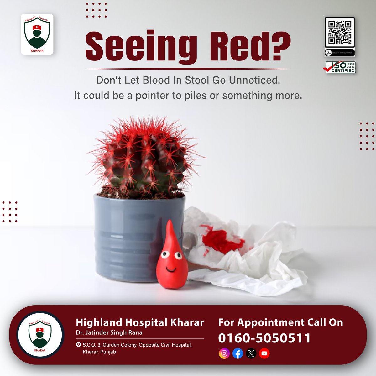 Seeing red can be alarming, especially when it's unexpected. It could be a sign of something serious. At #HighlandHospitalKharar, we're here to help. Don't ignore, explore!
.
#Kharar #Mohali #DrJatinderSingh #Besthospital #piles #fistula #bawasir #Healthcare #SeeingRed
