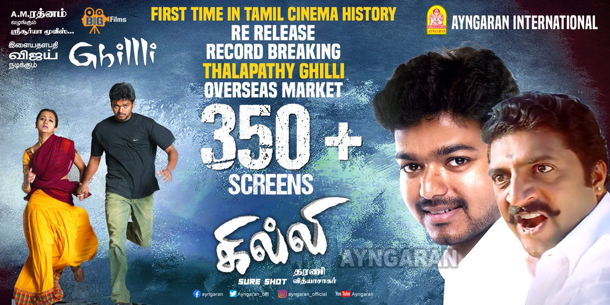 First Time in Tamil Cinema History a re-release record breaking for overseas market 🔥 350+ Screens in Overseas for #Ghilli 💥 Let's start the celebration 🕺 #ThalapathyVijay @actorvijay @trishtrashers @prakashraaj @SakthiFilmFctry @sakthivelan_b