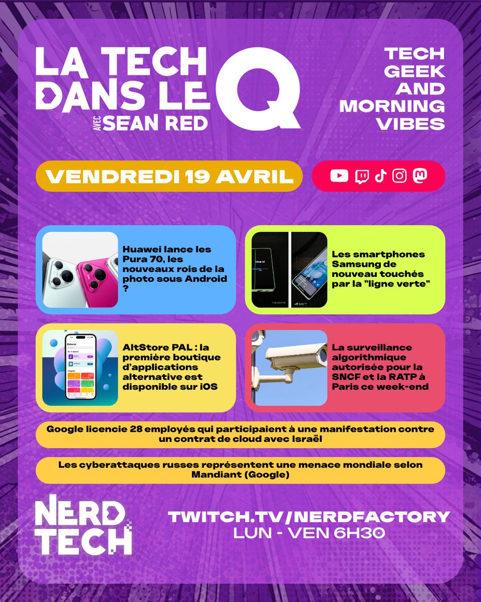 NerdTech_NF's tweet photo. 📸 Huawei lance les Pura 70, nouveau leader photo? 📱Samsung et sa 'ligne verte' sont de retour! 🍏 AltStore PAL : 1st boutique d'applications alternative. 👁️ La SNCF et la RATP autorisent la surveillance algorithmique ce week-end à Paris. 👉 https://t.co/5SB7E8vtwc #tech #geek #popculture #twitch