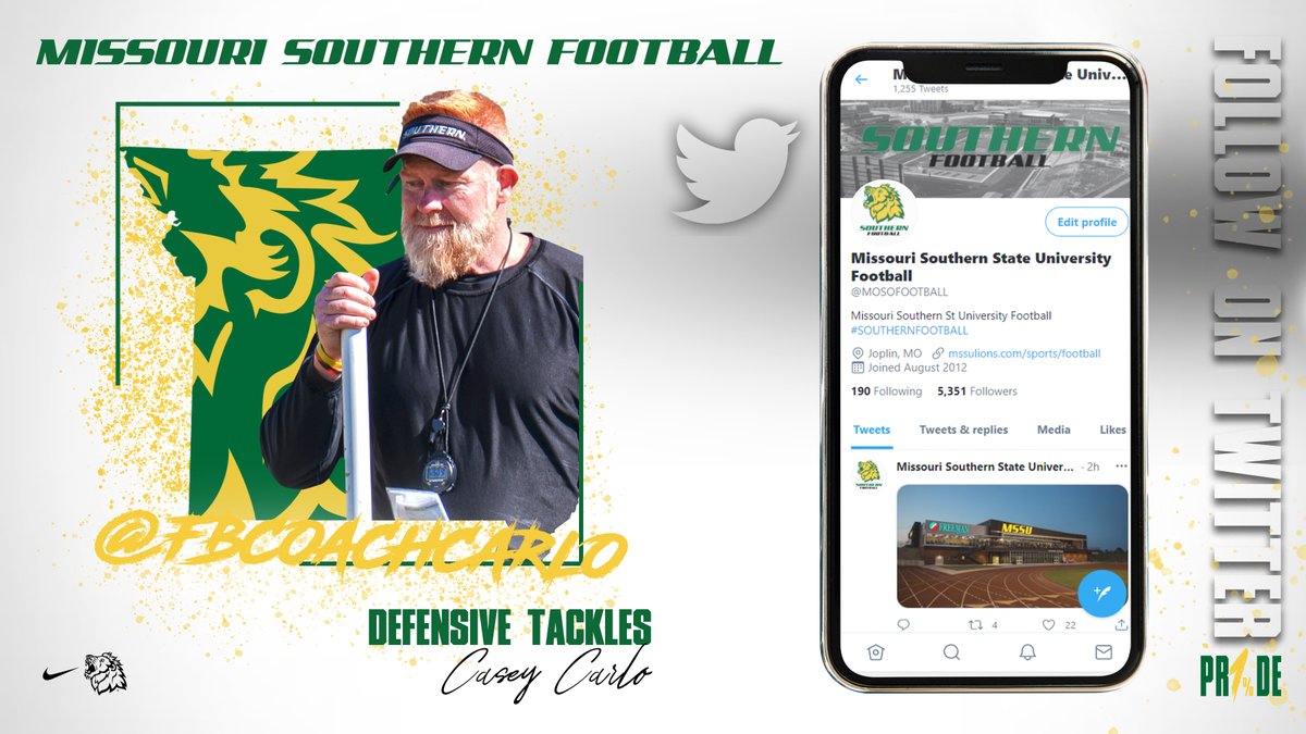 Missouri Southern Football (@mosofootball) on Twitter photo To the leader of the big men on the defense, everybody go follow Coach Casey Carlo! <a href="/FBCoachCarlo/">CoachCarlo</a> #FOLLOWFRIDAY To the leader of the big men on the defense, everybody go follow Coach Casey Carlo! <a href="/FBCoachCarlo/">CoachCarlo</a> #FOLLOWFRIDAY