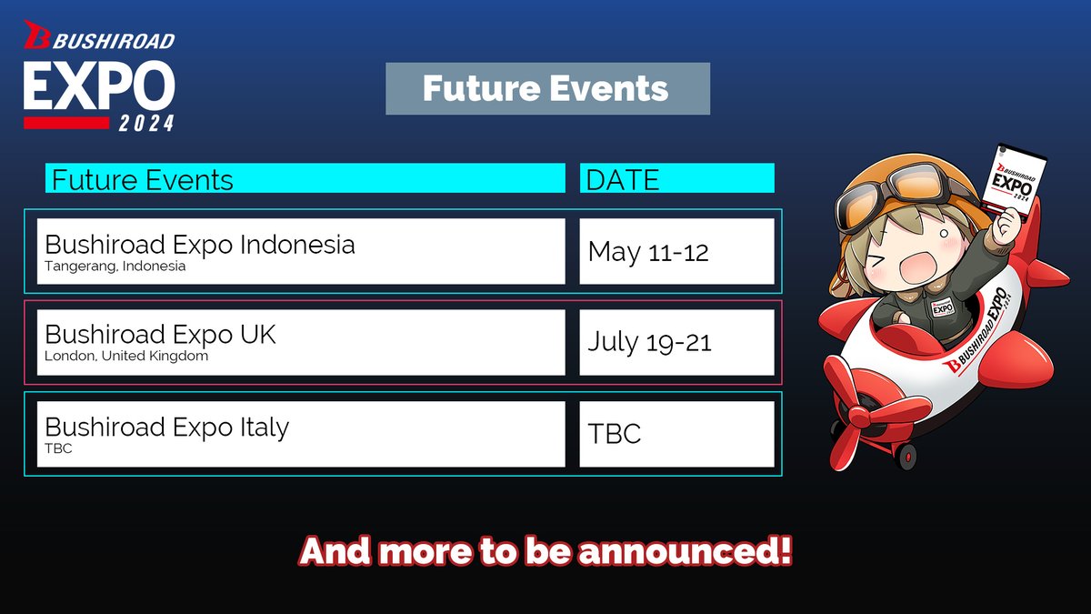 🎡 Bushiroad Expo 2024 🎡 Bushiroad Expo is coming to a country near you this year! More locations will be announced soon so stay tuned to our official channels for the latest updates! #BushiroadEXPO2024