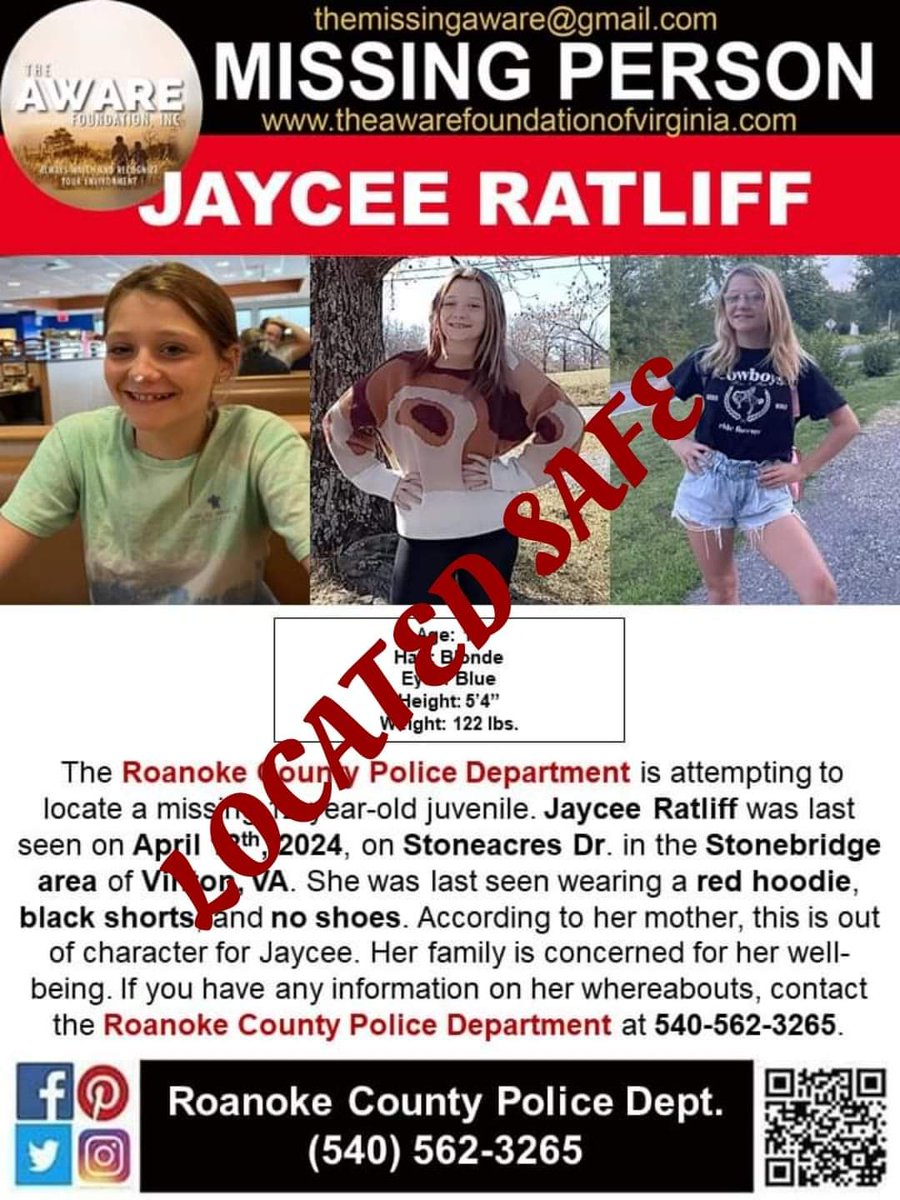 UPDATE: JAYCEE has been located and is SAFE. Thanks again for your help. #TheAWAREFoundation