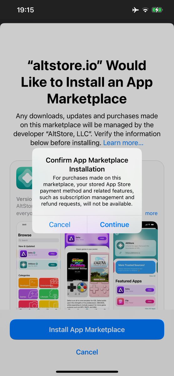 hbkirb's tweet photo. The whole marketplace flow is a disaster. While AltStore seems to have tons of problems itself (mostly due to a payment system that seems incredibly rushed - hey Riley, have your people call my people? 🔥), the majority of the problems are in Apple’s implementation.

App installation has no progress prompts. The app-marketplace:// URL scheme, used by websites to tell iOS to begin installing a marketplace app, displays zero progress. It only has the ability to display error messages, such as telling you you’re not eligible (not located in the EU), or that you need to go to Settings to allow the app to be installed. Naturally, there’s no button that takes you to Settings, nor any explanation of what you do when you’re there.

Once you’re in Settings, a followup button appears below your Apple ID name. Tapping Allow simply dismisses the prompt. There’s no indication of what happens next. The answer is - nothing happens. You need to go back to Safari and initiate the installation again. Then, you get another full screen prompt, and then an alert prompt. The app then starts downloading, but nothing tells you that. Tapping the download button does nothing now. You just eventually think to go to the home screen and find the app.

Awesome, we finally got there! Uh, almost. Now you found an app you’d like to install from the marketplace, so you do so. First, you get a rather ugly prompt in the bottom quarter of your screen - unclear if this is from AltStore or iOS. I mean, yeah, I tapped install the button, of course I’m sure. You then get another full screen prompt like the one above (I ran out of images but it’s the same layout, just with different wording such as “AltStore Would Like To Install an App”). To AltStore’s credit, I was using a slow VPN into the EU, so I don’t know if the lack of progress indication for the first few seconds is their fault or mine. But eventually it shows a progress bar.

(Due to what I really hope is an AltStore bug and not an Apple bug, I can’t check if the app shows up with a progress bar on the home screen. I uninstalled Delta, and now I can’t install it any more! It still thinks it’s installed.)

Finally, the app is installed! Let’s open it! Tapping the Open button now shows another quarter-screen popup prompt like the above, asking if I’m sure I’d like to open the app. 🙄 Oh well, we got there eventually.

This goes back to me being conflicted about where we’re at with this. I both don’t like AltStore working with Apple as if to show that we’re ok with this solution, but also, it is important to show how bad Apple’s solution really is.

Make no mistake, if a teenager was able to build a jailbreak that puts a Cydia icon on the home screen with a download progress bar back on iOS 4.3 (2011!), Apple can do far better with user experience here. They know what they’re doing. The sloppiness of the whole process is intentional, and AltStore needing to charge €1.50/year is a barrier Apple fully intended to force upon marketplaces. 

My bet is that Apple will use the shortcomings to argue to authorities that hey, look, nobody’s using this. Users hate it, the only positive user experience is our App Store. Could you drop the regulations and lawsuits, pretty please?