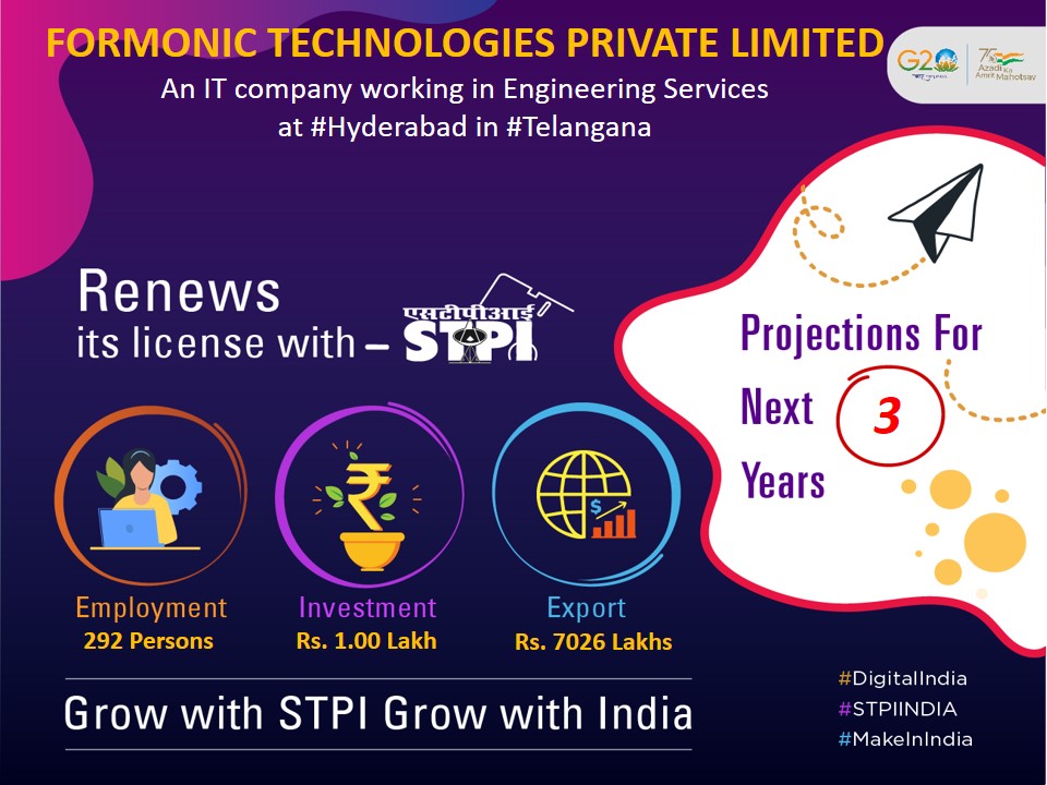 Congratulations M/s.FORMONIC TECHNOLOGIES PRIVATE LIMITED! for renewal of license #GrowWithSTPI #DigitalIndia #STPIINDIA #StartupIndia @GoI_MeitY